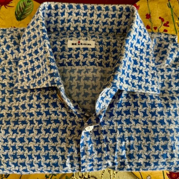 Kiton Luxury Blue Houndstooth Pattern Cotton Dress/Sport Shirt Sz Large, RT $800 - Picture 10 of 13
